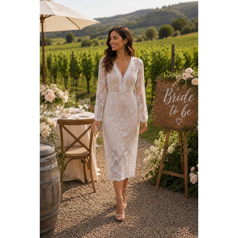 Bronx & Banco White Lace Floral Illusion Midi Dress Fits S Ethereal Elegance